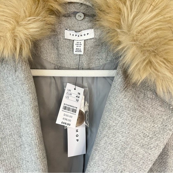 Topshop gray dress coat faux fur removable collar New size US 12 large - Picture 3 of 7